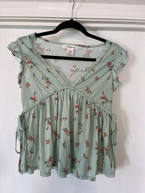 Juniors Passport Mint Green Floral Lace-Trim Peplum Blouse